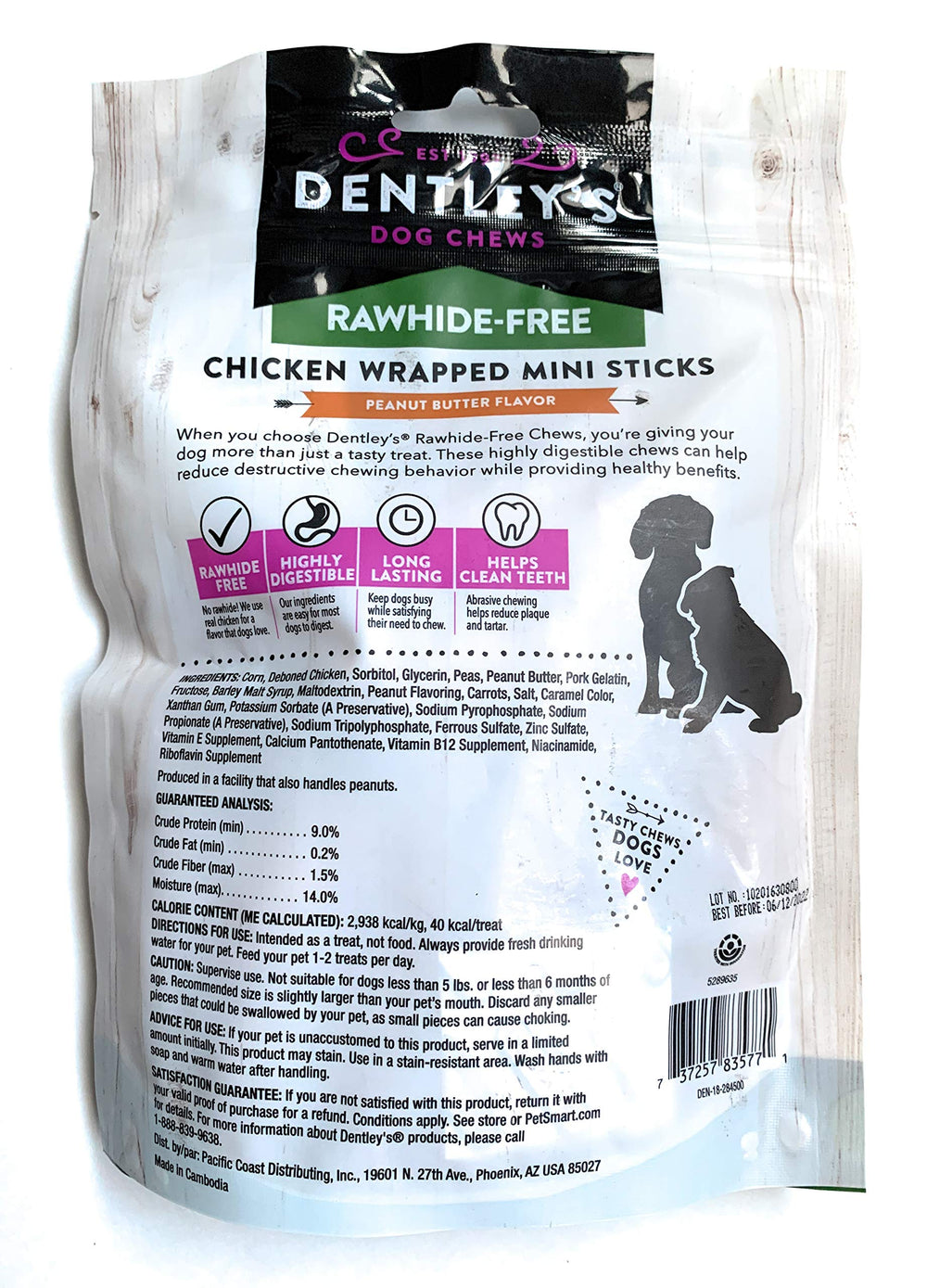 DENTLEY'S sticks in a dog's paw; long-lasting chew for dental care.