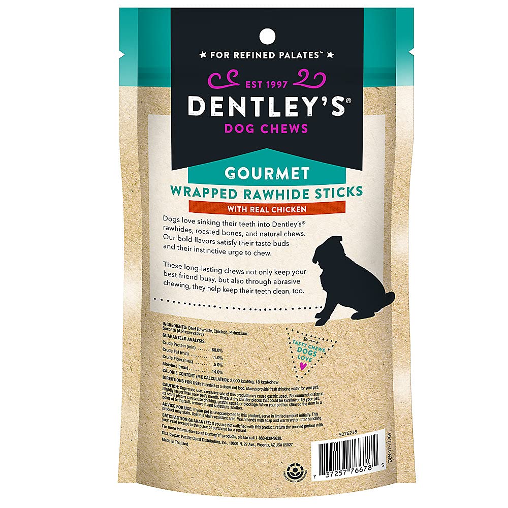 DENTLEY'S Rawhide Twists small chicken chews, helping with chewing and oral engagement.