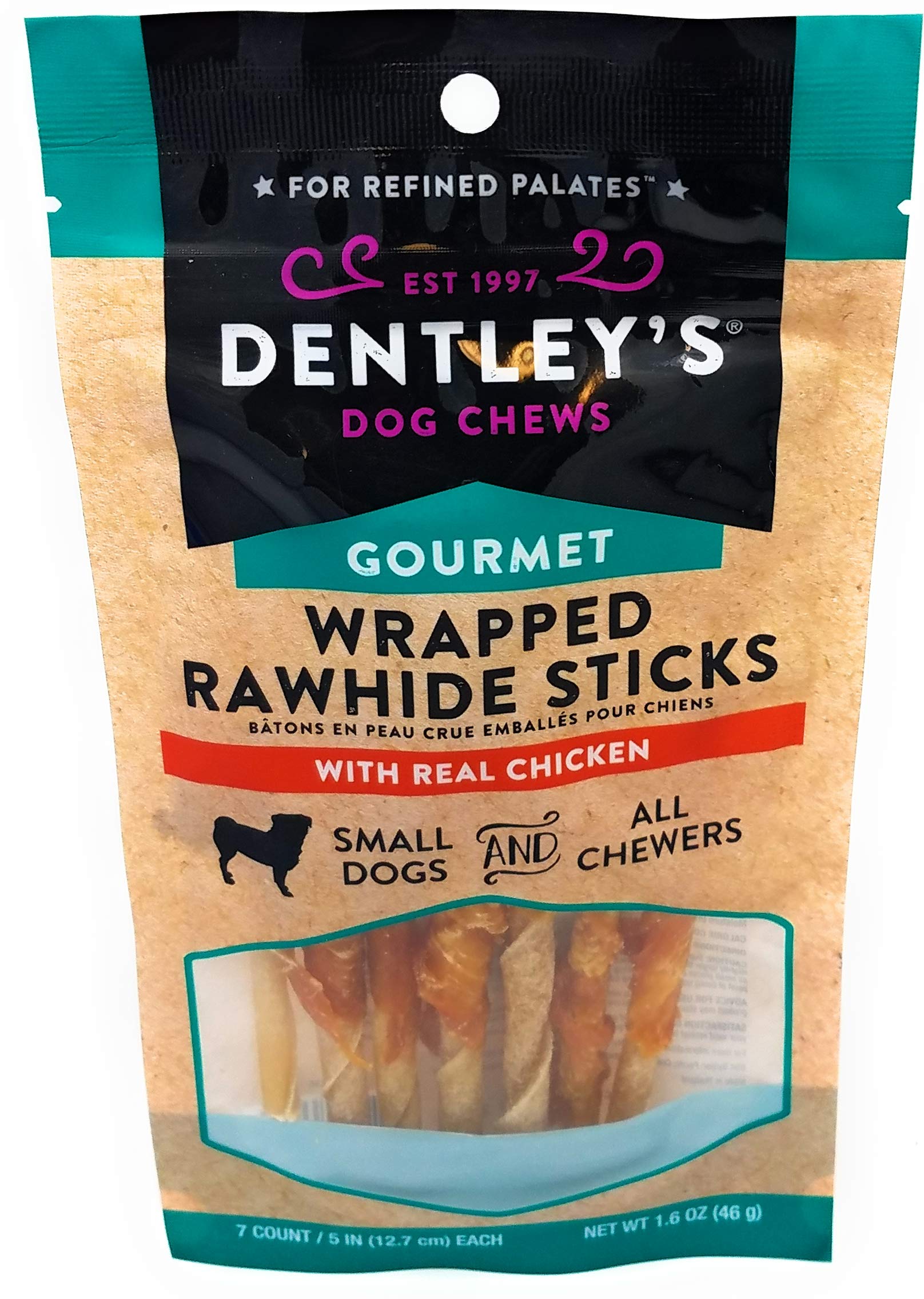 Dentley's Wrapped Rawhide Sticks with chicken—the long-lasting chew.