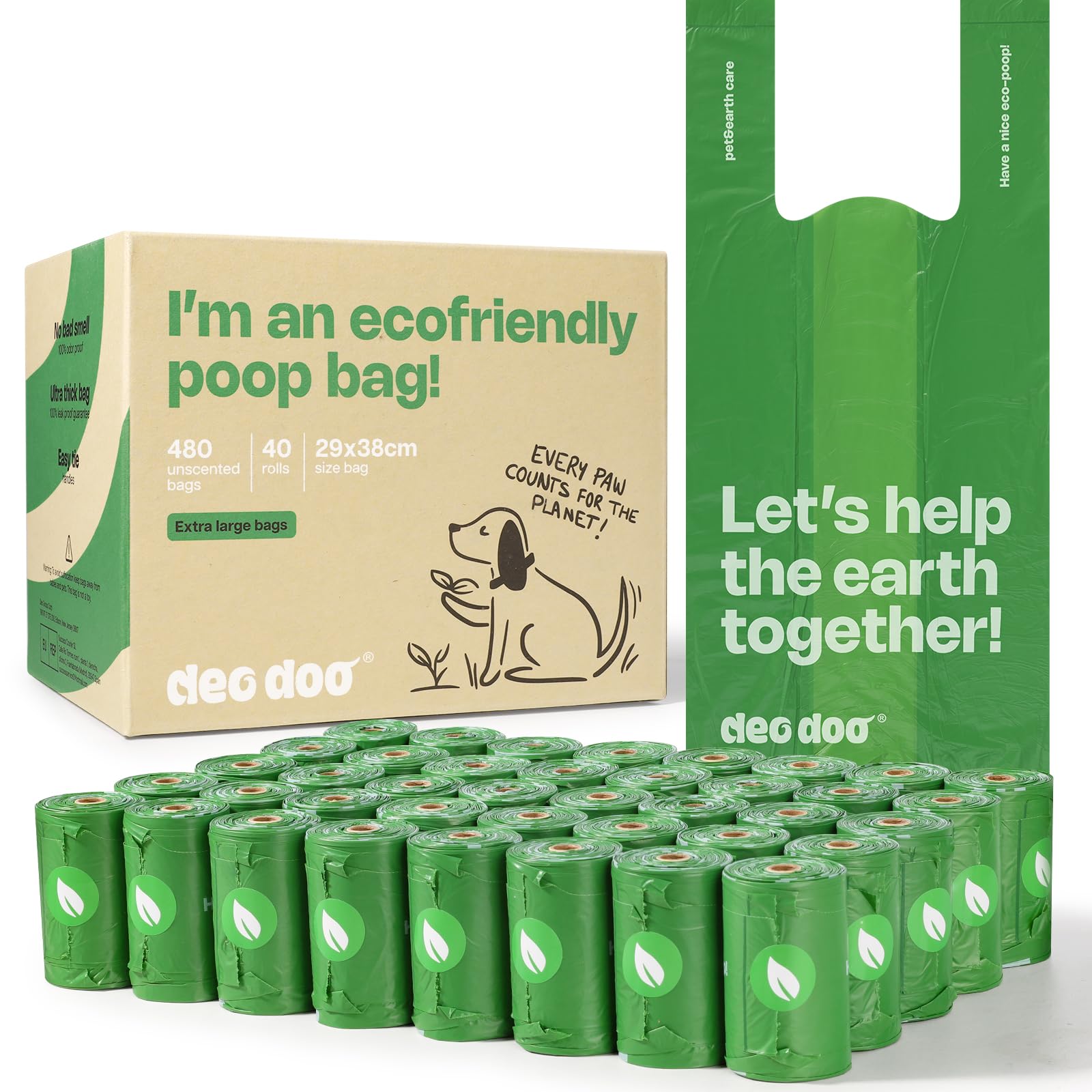 Deo Doo heavy-duty bags in a dispenser box for quick, clean pickups.