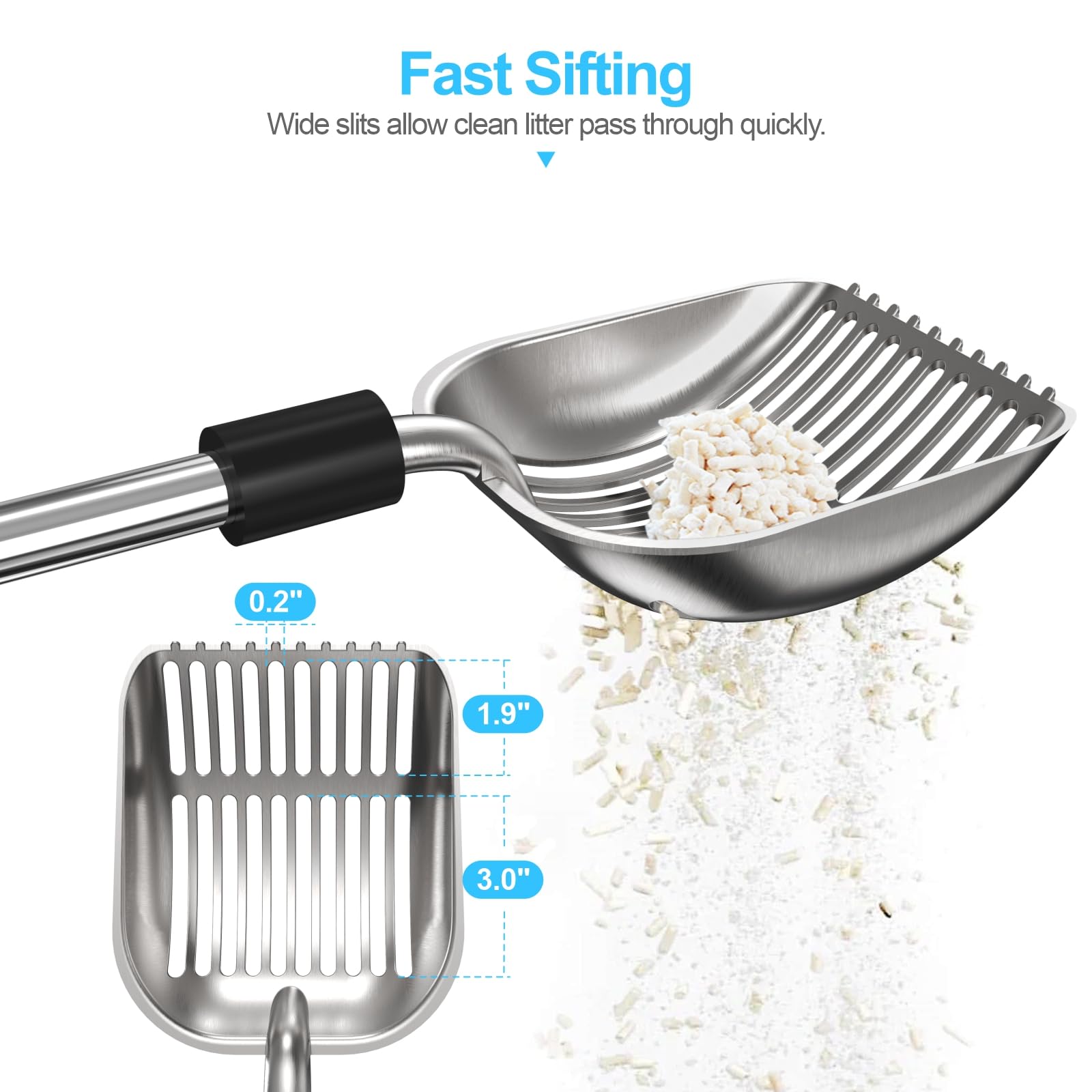 Depets cat litter scoop extended length helps reach tall litter boxes.