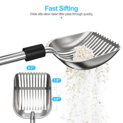 Depets cat litter scoop extended length helps reach tall litter boxes.