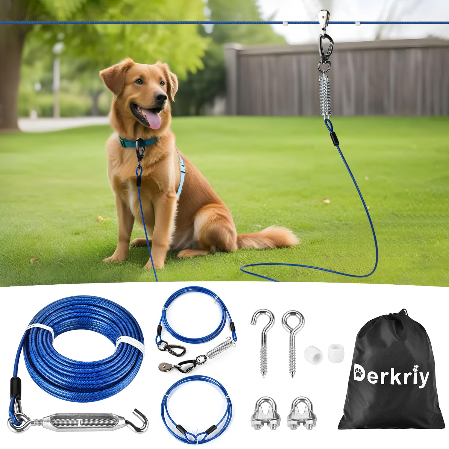 Derkriy dog runner 100ft cable in the yard promotes safe, controlled outdoor play.