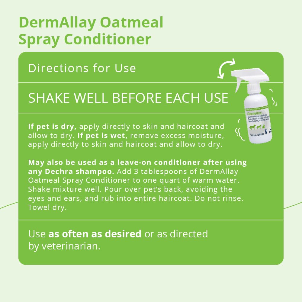 DermAllay Oatmeal Spray Conditioner bottle for cats promotes gentle coat care.