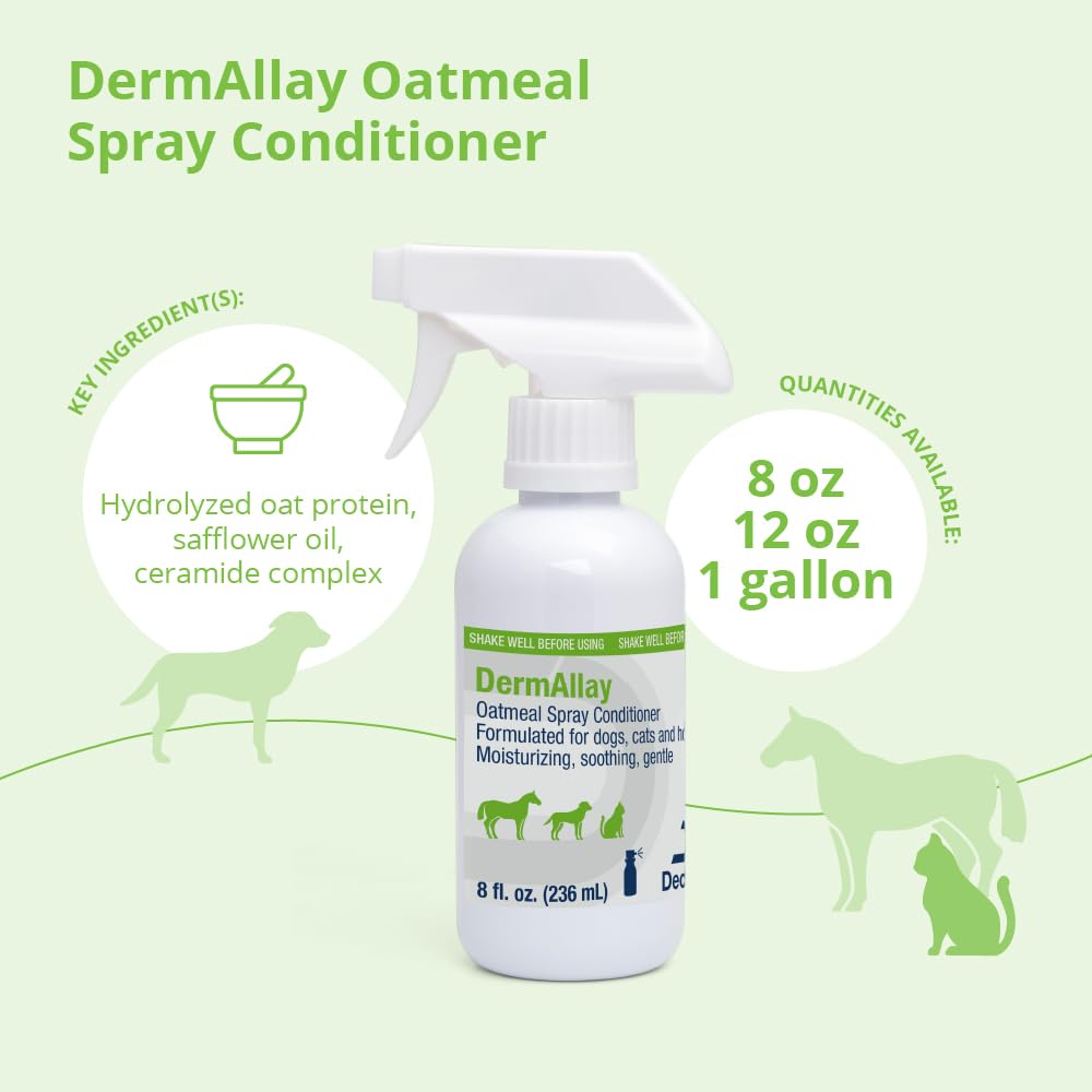 DermAllay Oatmeal Spray Conditioner applied to a dog's coat for soothing care.