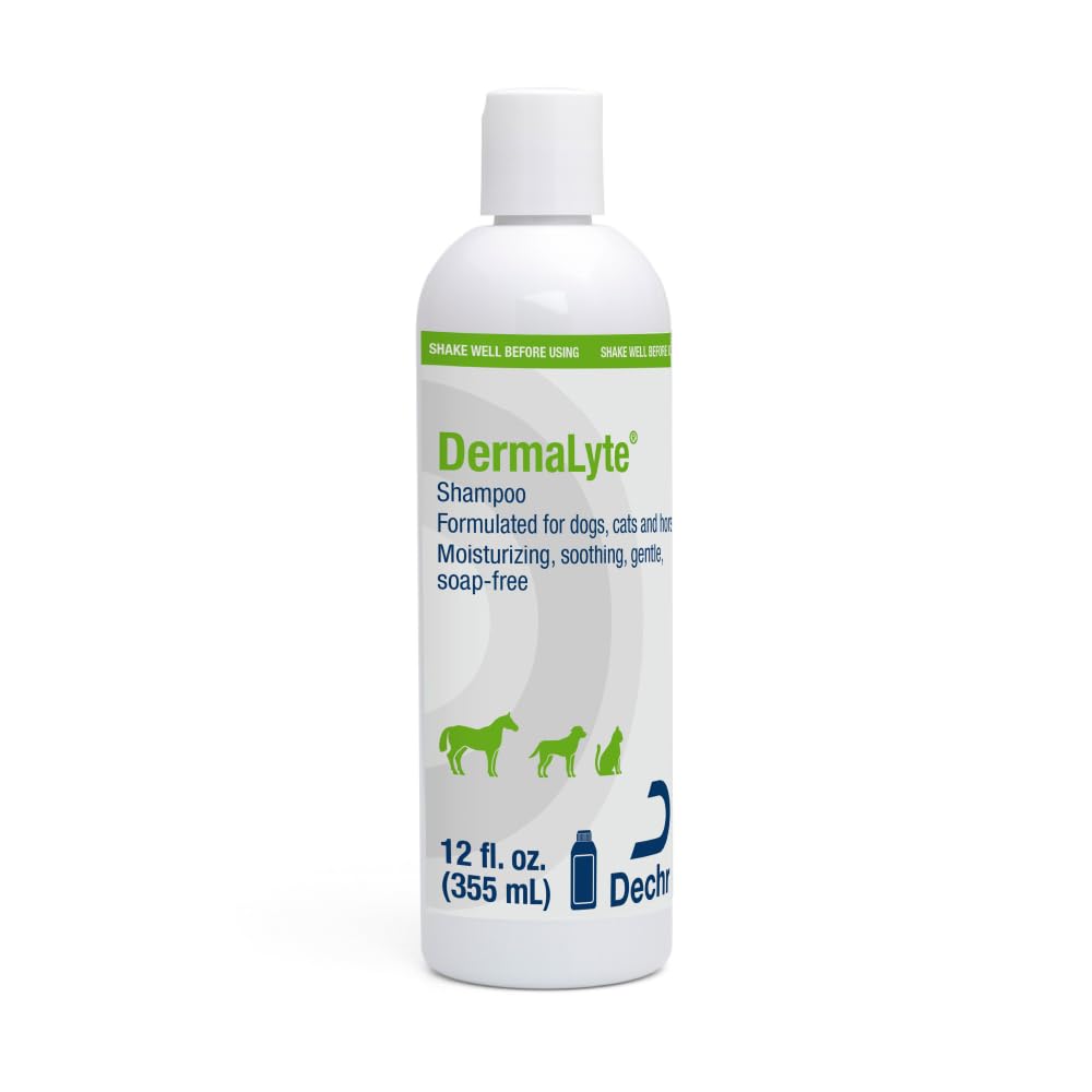 DermaLyte Shampoo bottle pour showing easy rinse for sensitive skin on pets
