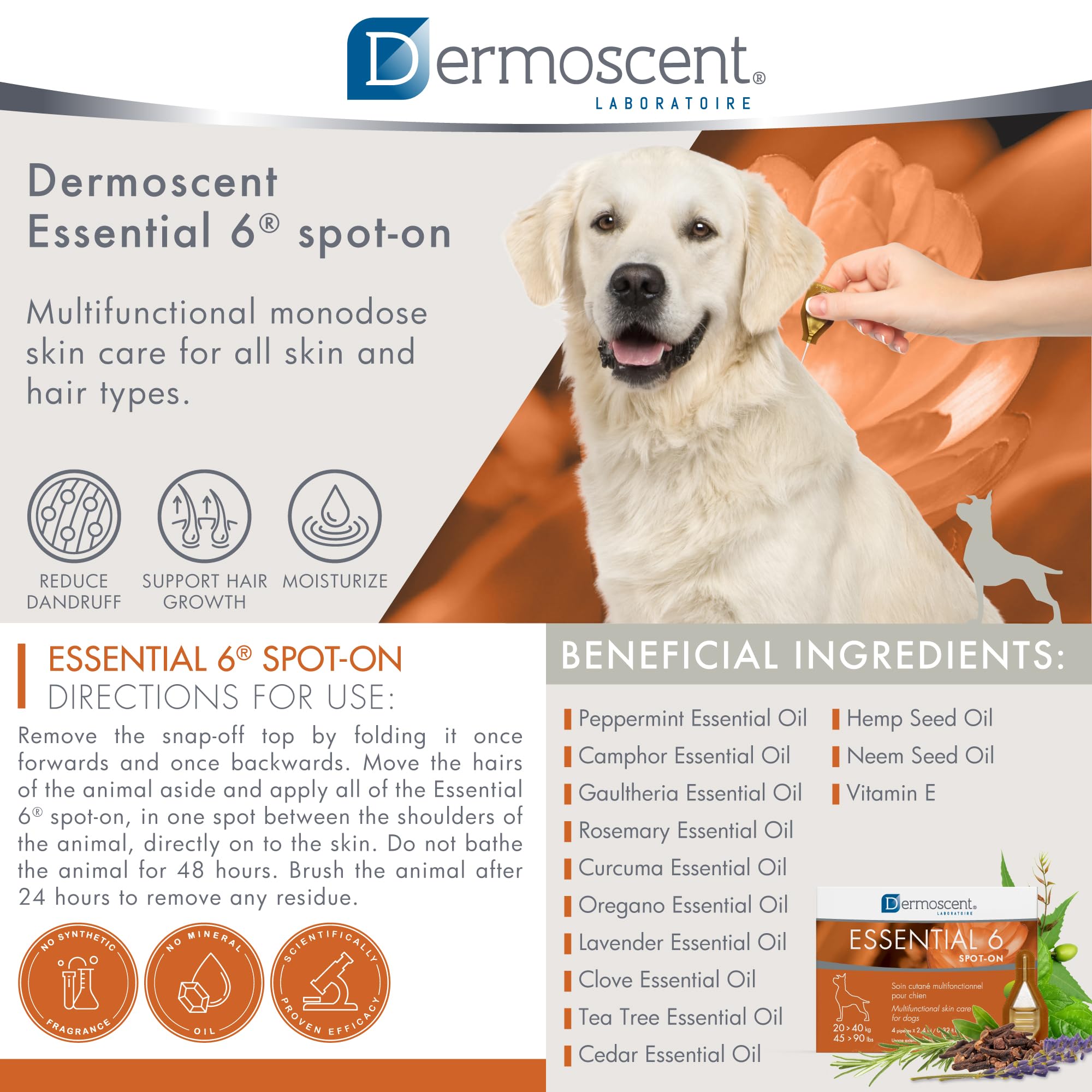 Dermoscent Essential 6 dog fur shine highlights a glossy coat.