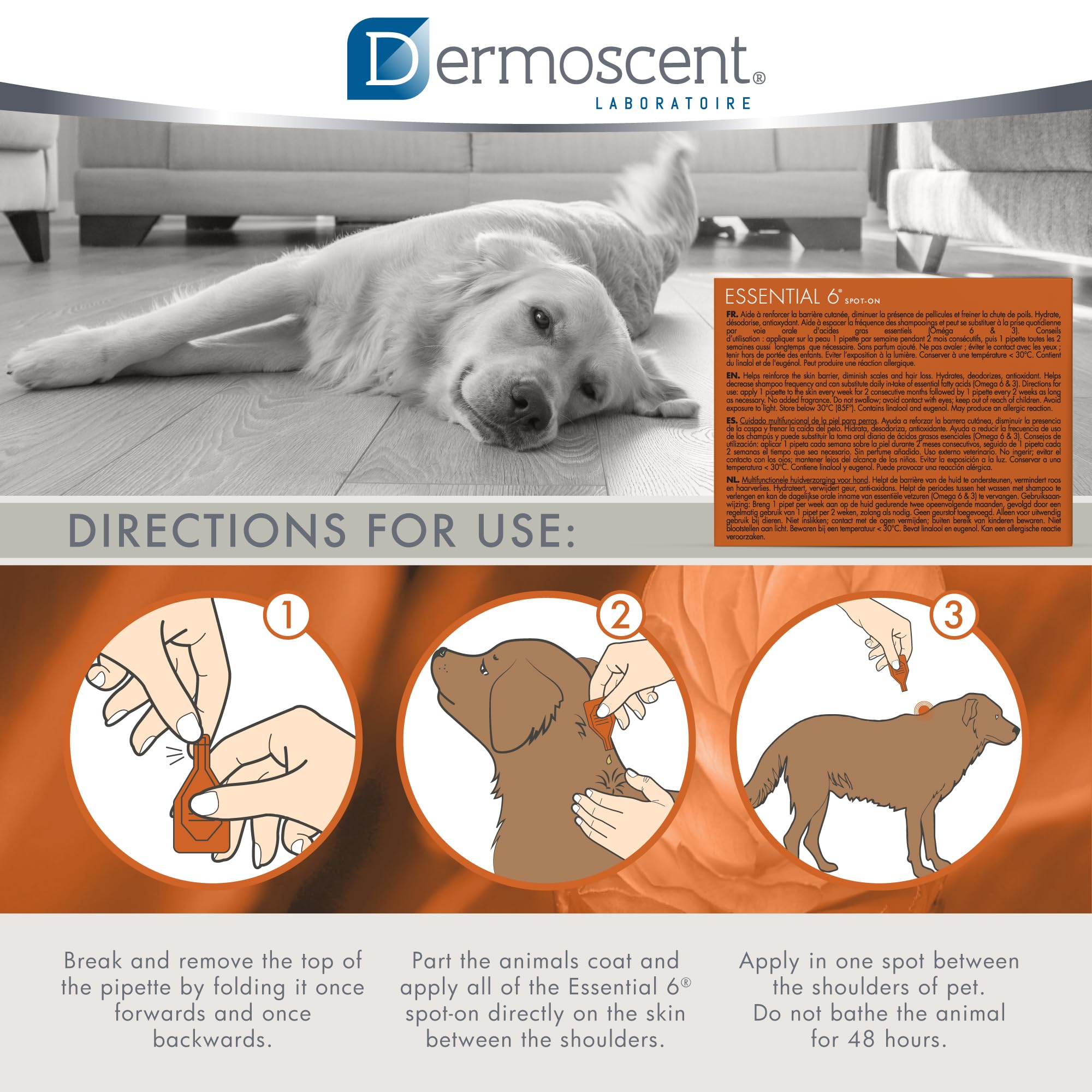 Dermoscent Essential 6 dog omega fatty acids indicate nutritional skin support.