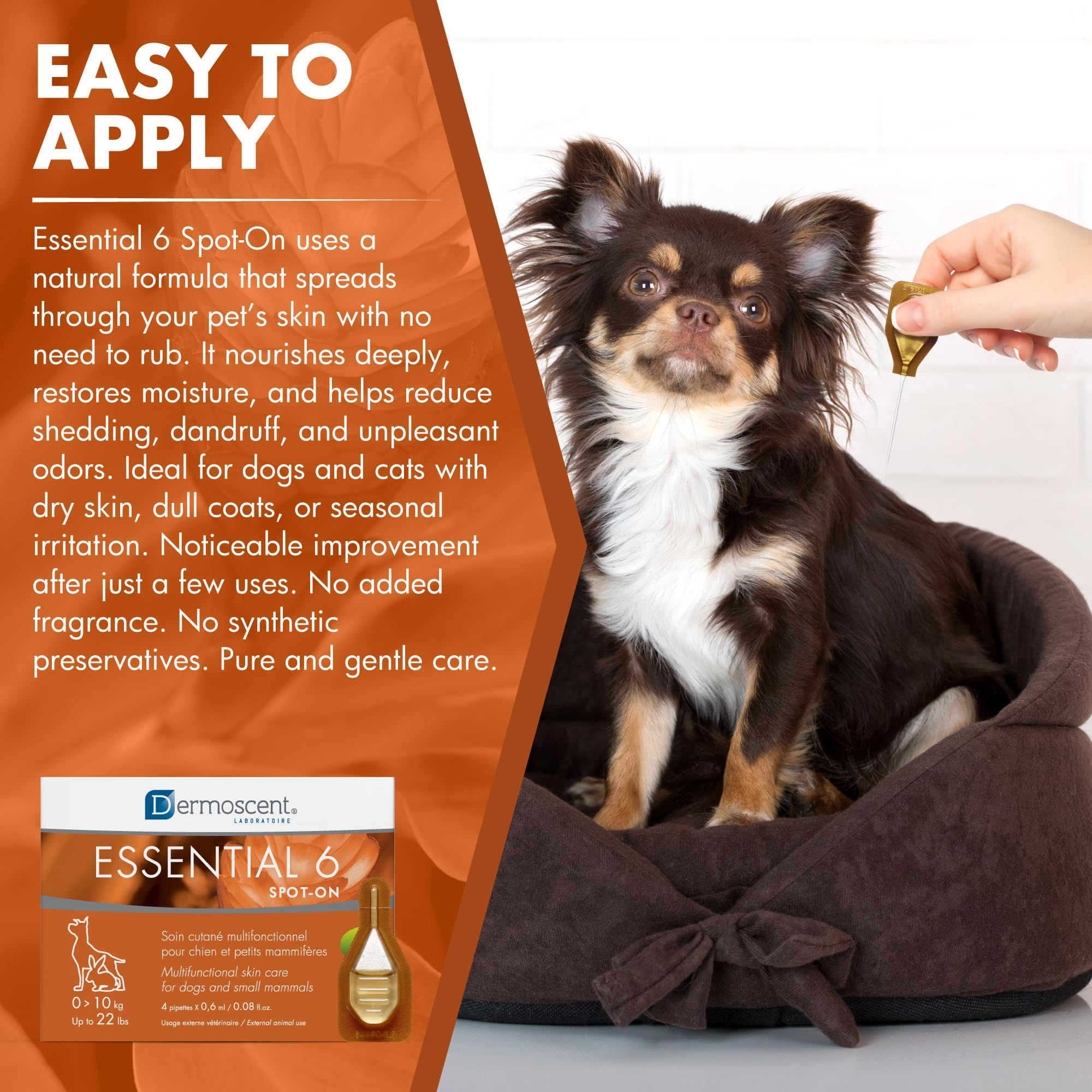 Dermoscent Essential 6 natural oil ingredients including hemp and neem for skin nourishment.