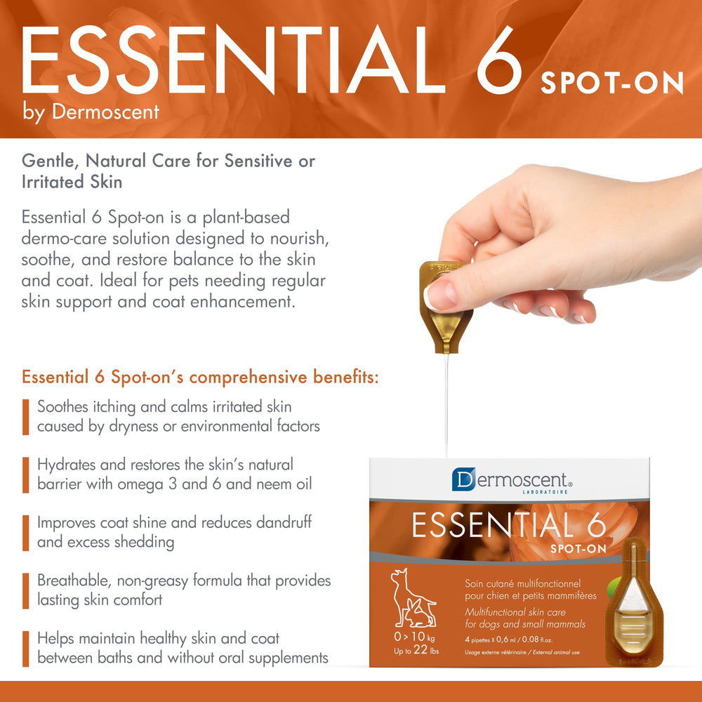 Dermoscent Essential 6 spot-on dropper applying to dog's skin for targeted care.