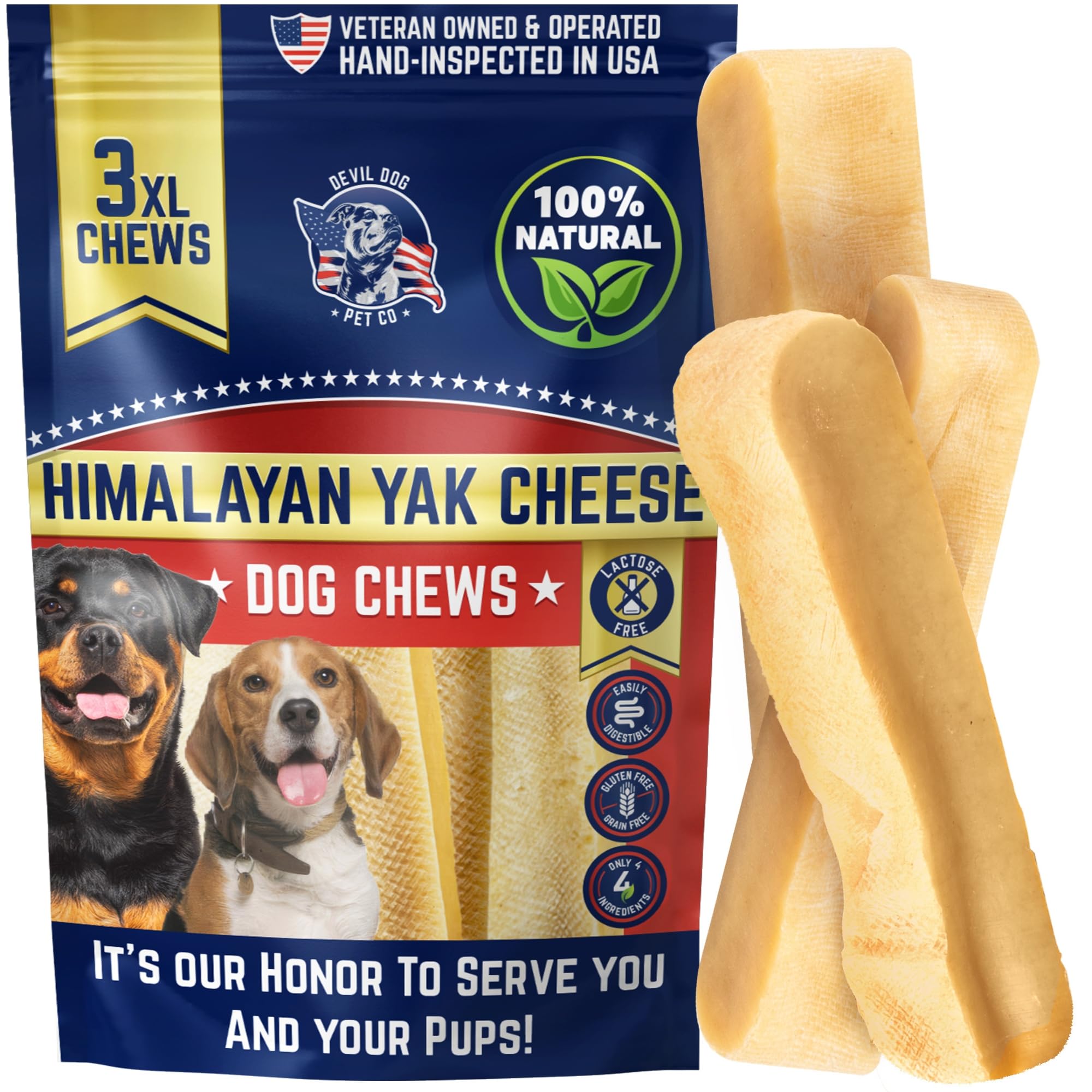 Devil Dog Pet Co Himalayan Yak Cheese Chews packaging shows a multi-pack for long-lasting entertainment.