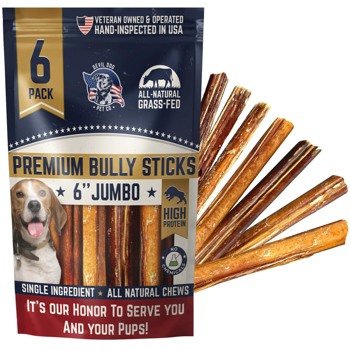 Devil Dog Pet Co jumbo bully sticks pack shot for long-lasting chew sessions.
