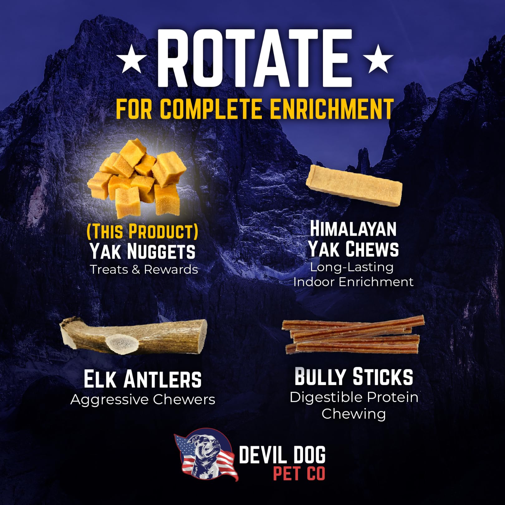 Devil Dog Pet Co yak cheese puffs for calm car rides.