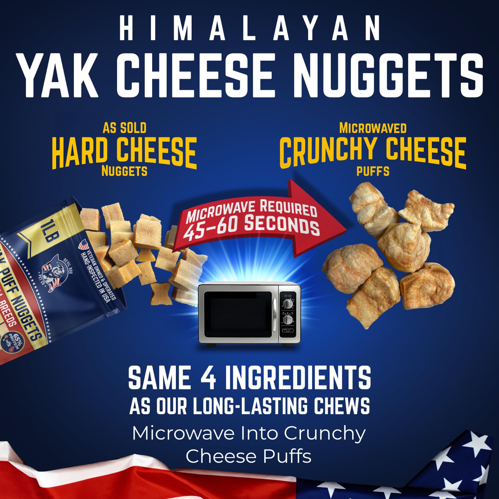 Devil Dog Pet Co yak cheese puffs four-ingredient formula for simple, trusted snacking.