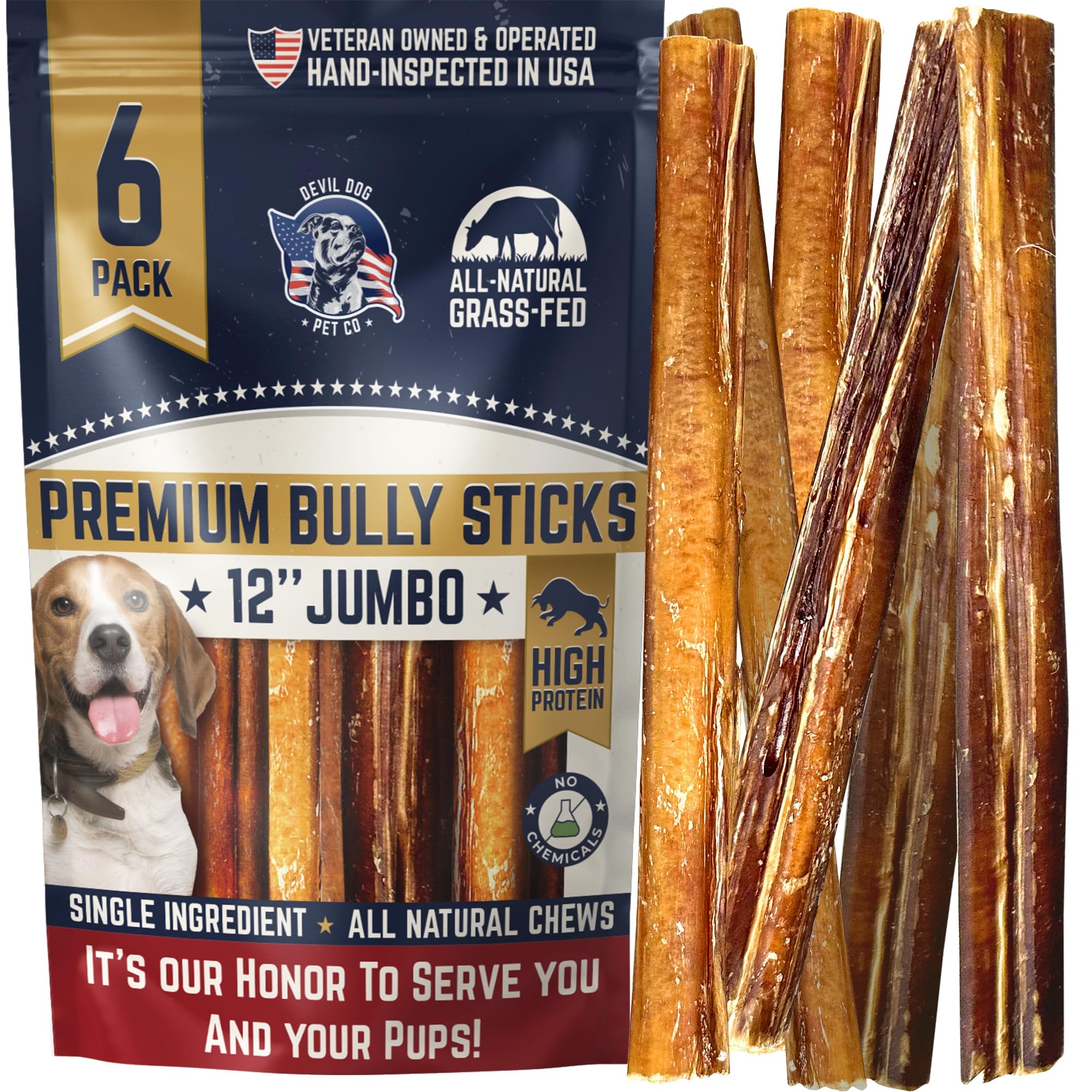 Devil Dog Bully Stick 12-inch jumbo pack supports focused chewing for large breeds.