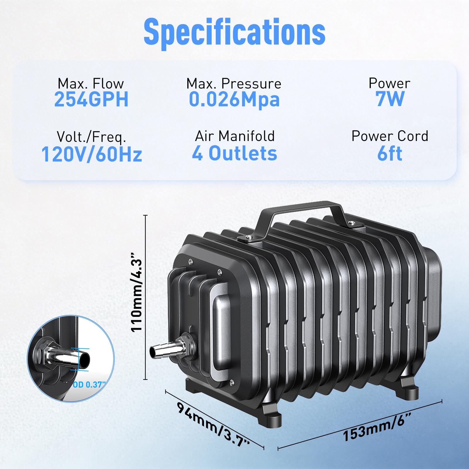 Devopet 254GPH air pump side profile for durable performance.