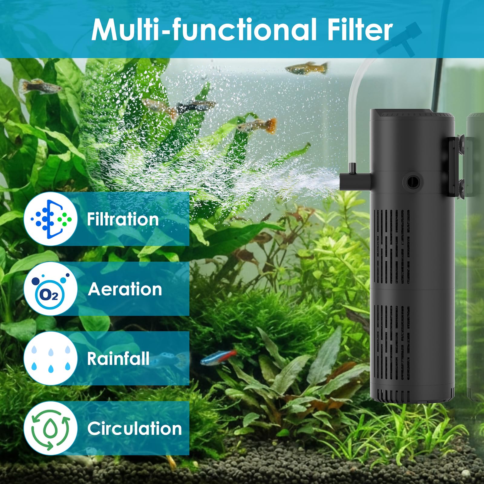 Devopet internal filter close-up shows epoxy-sealed motor for reliable underwater operation
