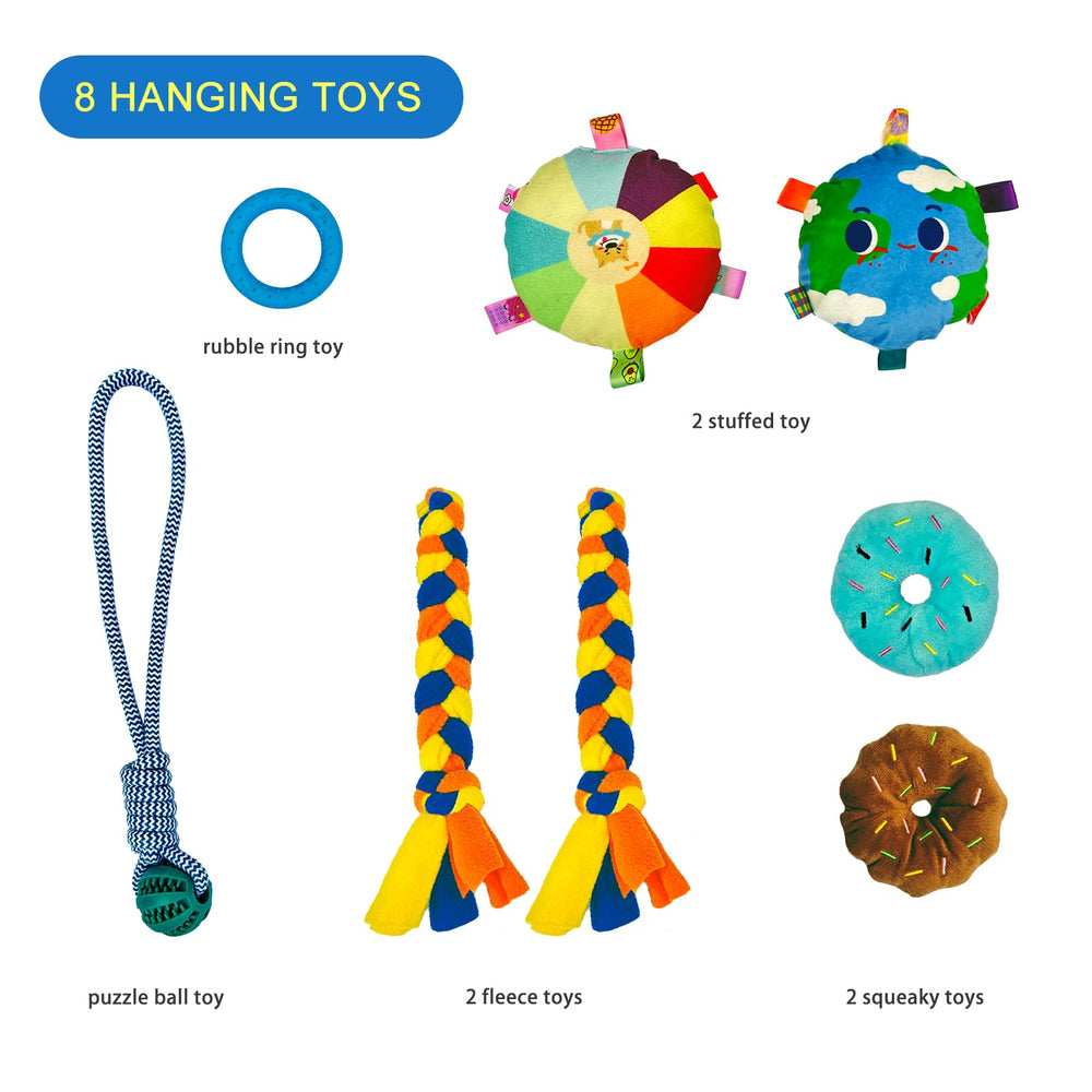 Dewonch 8-in-1 setup displaying fleece tug ropes and squeaky toys.
