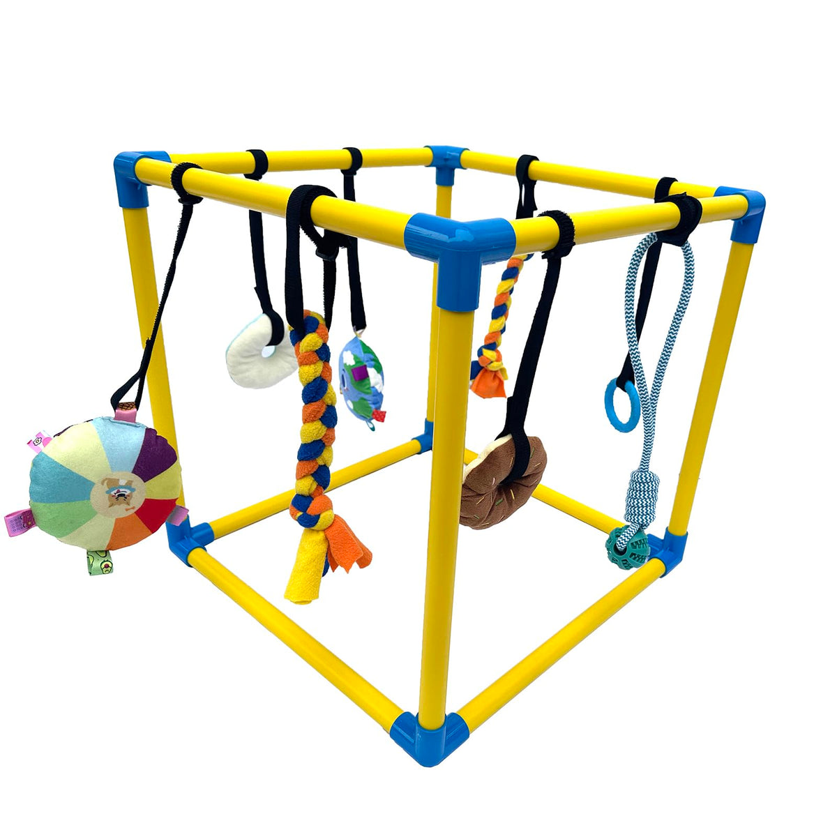 Dewonch Puppy Play Gym with hanging toys for engaging indoor play and teething.