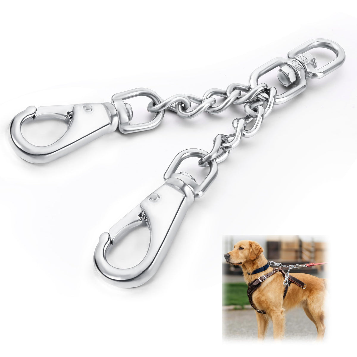 DEYACE leash backup with dual clasps shows secure collar-to-harness connection for safer walks