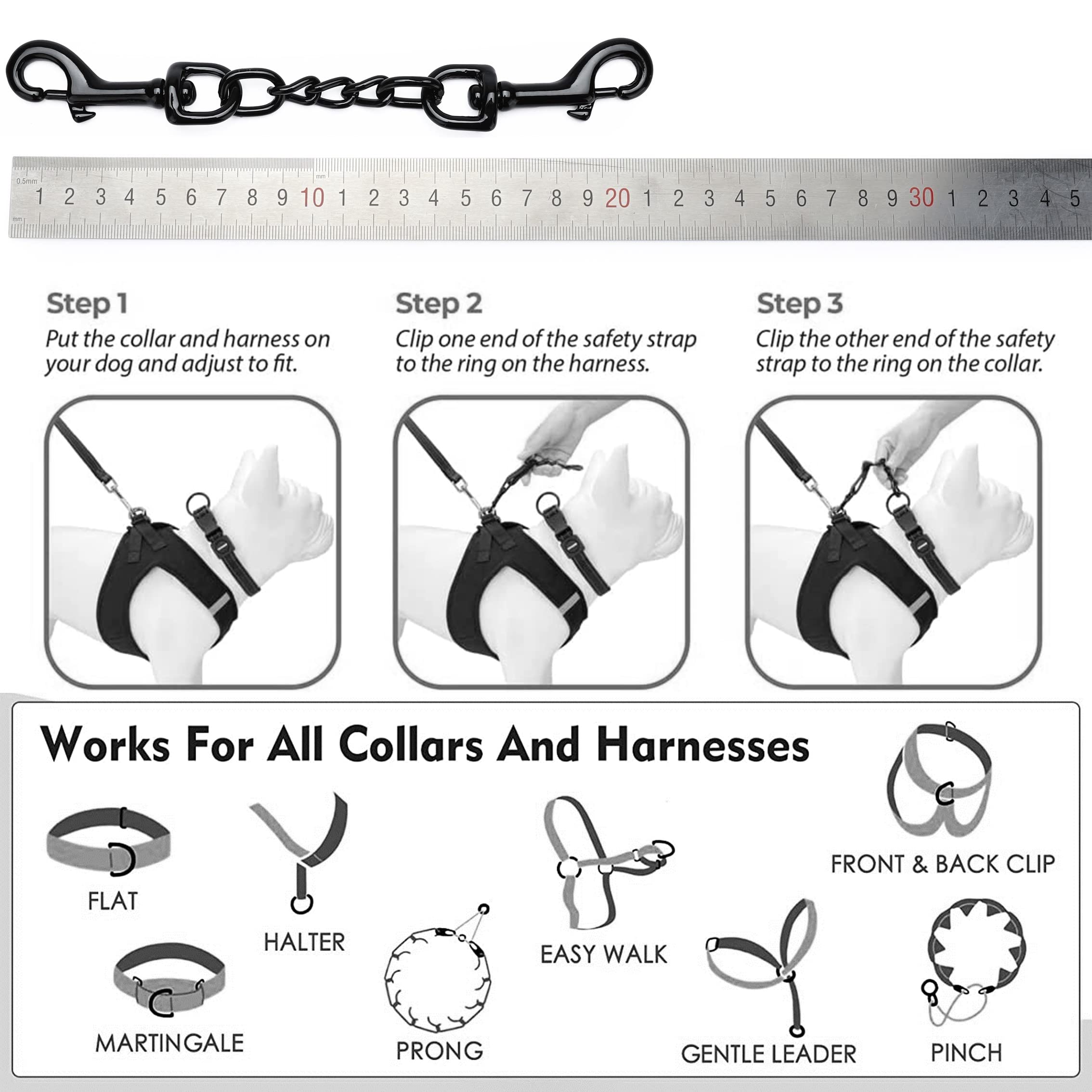DEYACE metal dog collar safety clip on 10-inch backup secures medium collars.