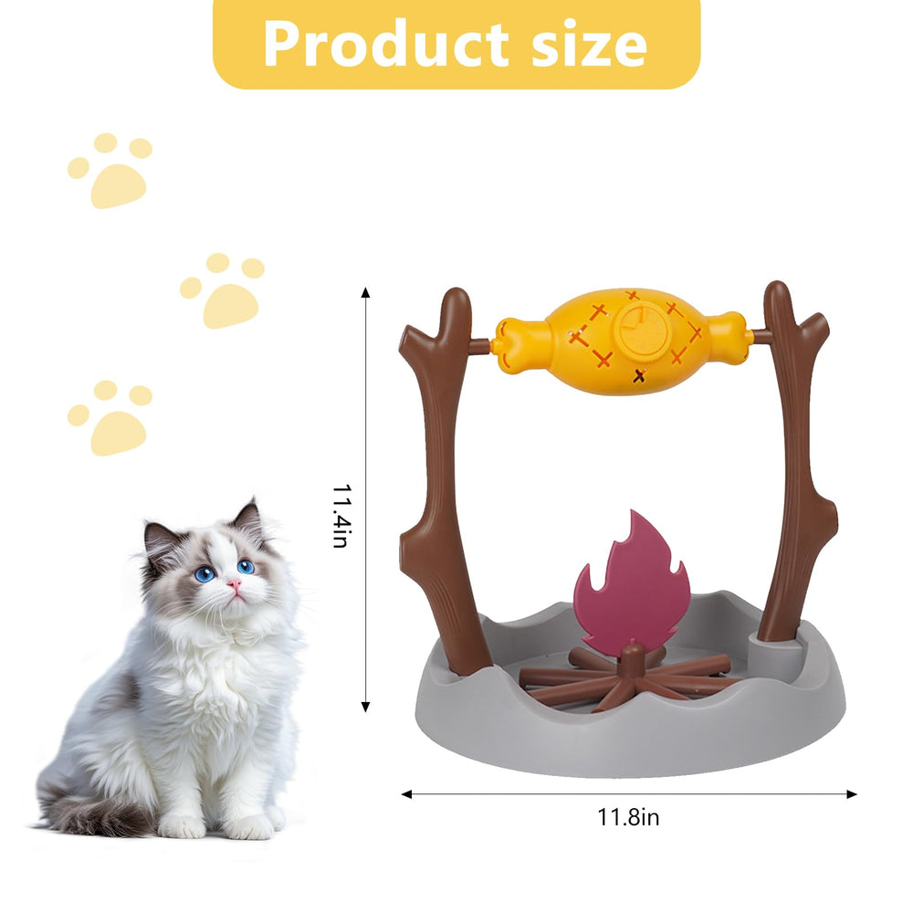 DFQ indoor cat enrichment via campfire motif and rotating mechanism.