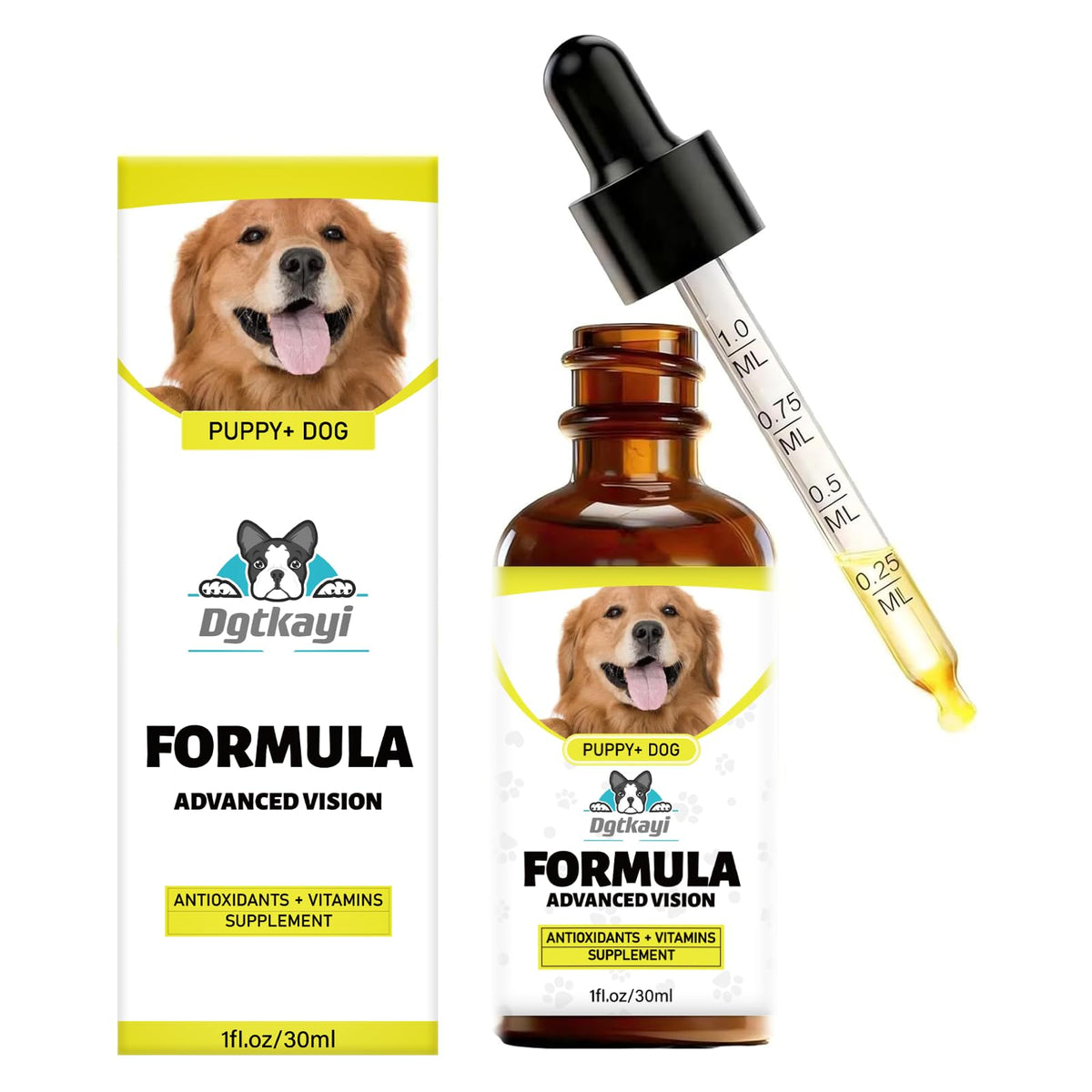 Dgtkayi Advanced Vision Formula bottle for easy daily eye support in dogs.