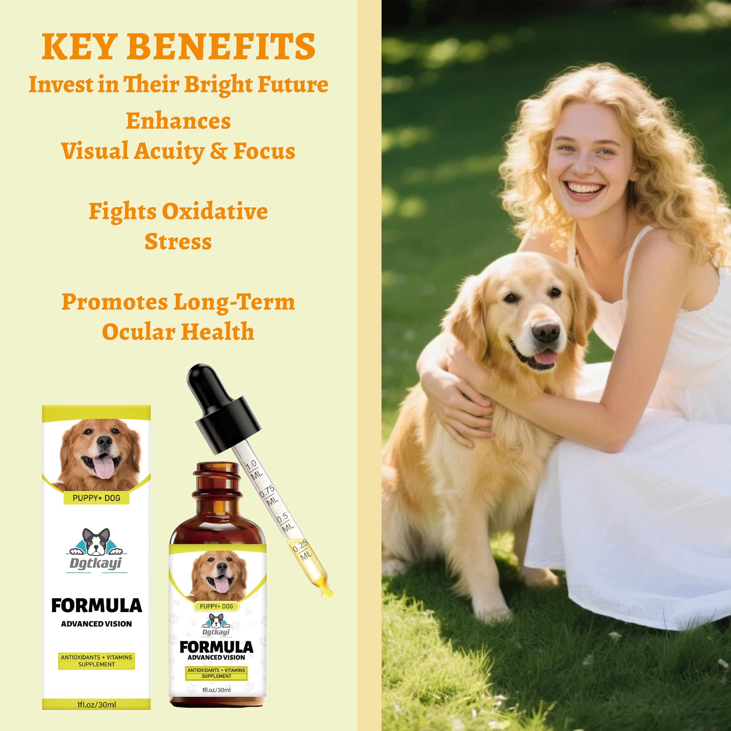 Dgtkayi Advanced Vision Formula dropper enabling quick sublingual dosing for dogs.