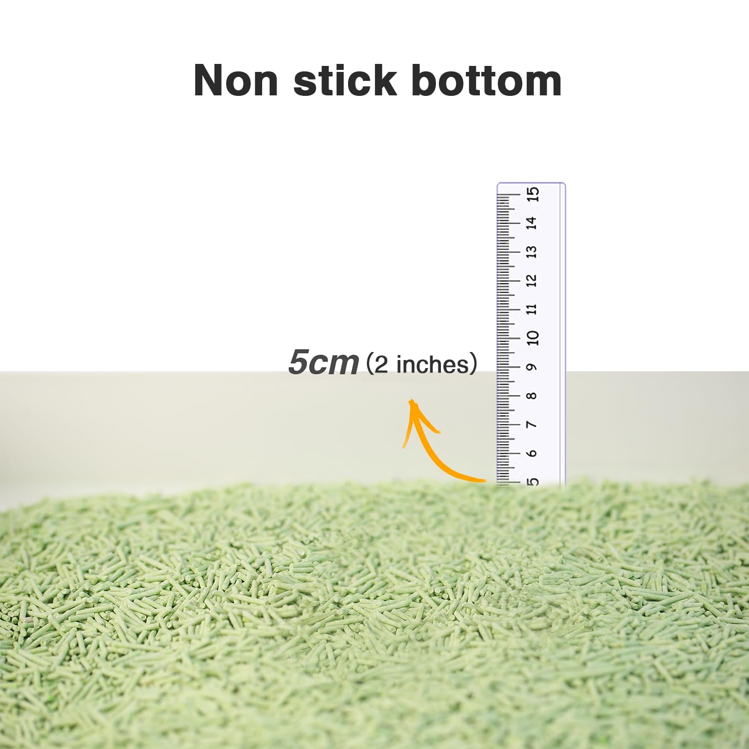 DI BI GRAMAS litter box shows recommended depth of 2 inches.