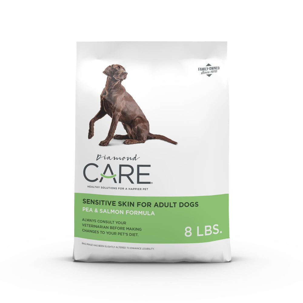 Diamond CARE Sensitive Skin dry dog food bag, 8 lb, designed for gentle skin support