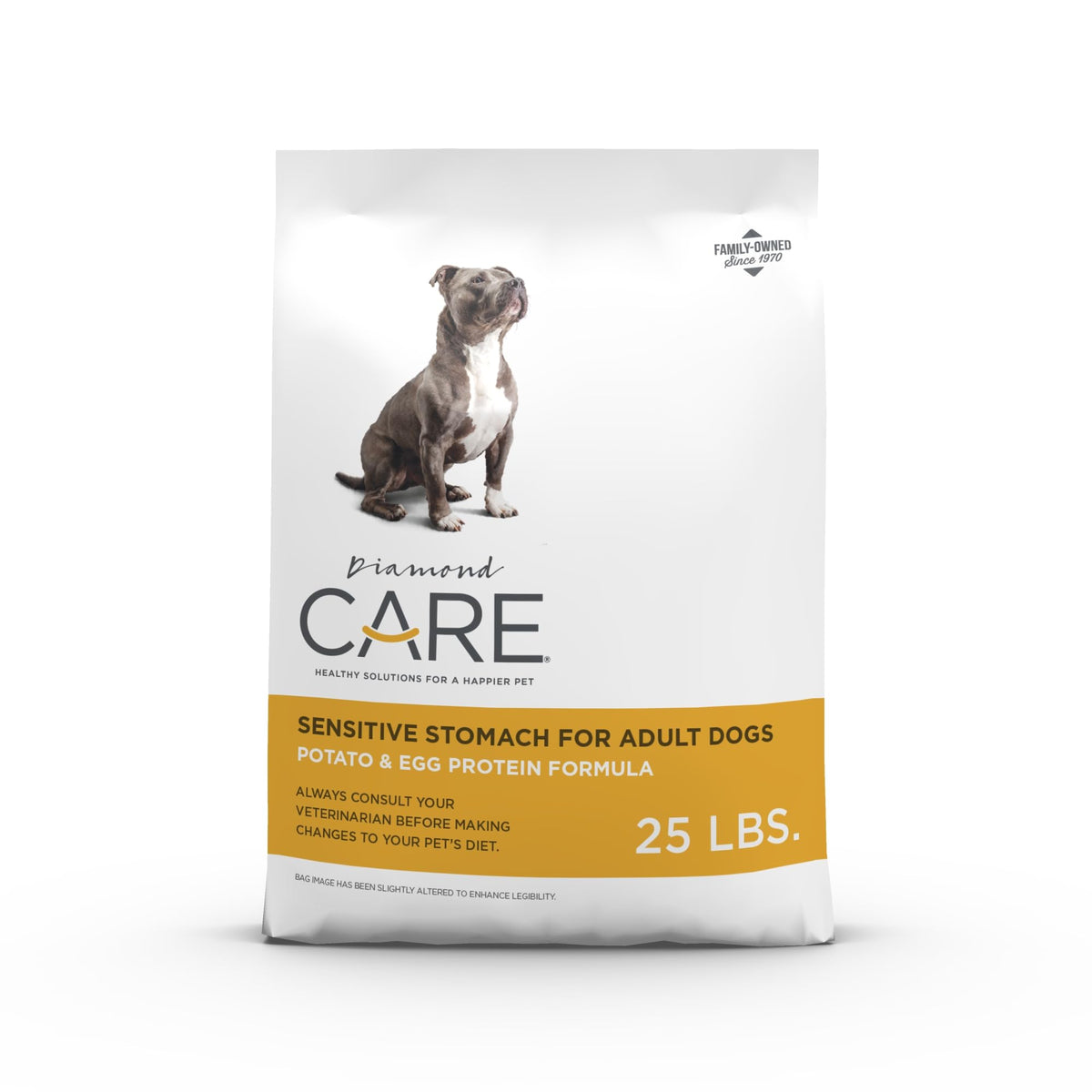 Diamond CARE sensitive stomach dry dog food bag highlights gentle digestion.