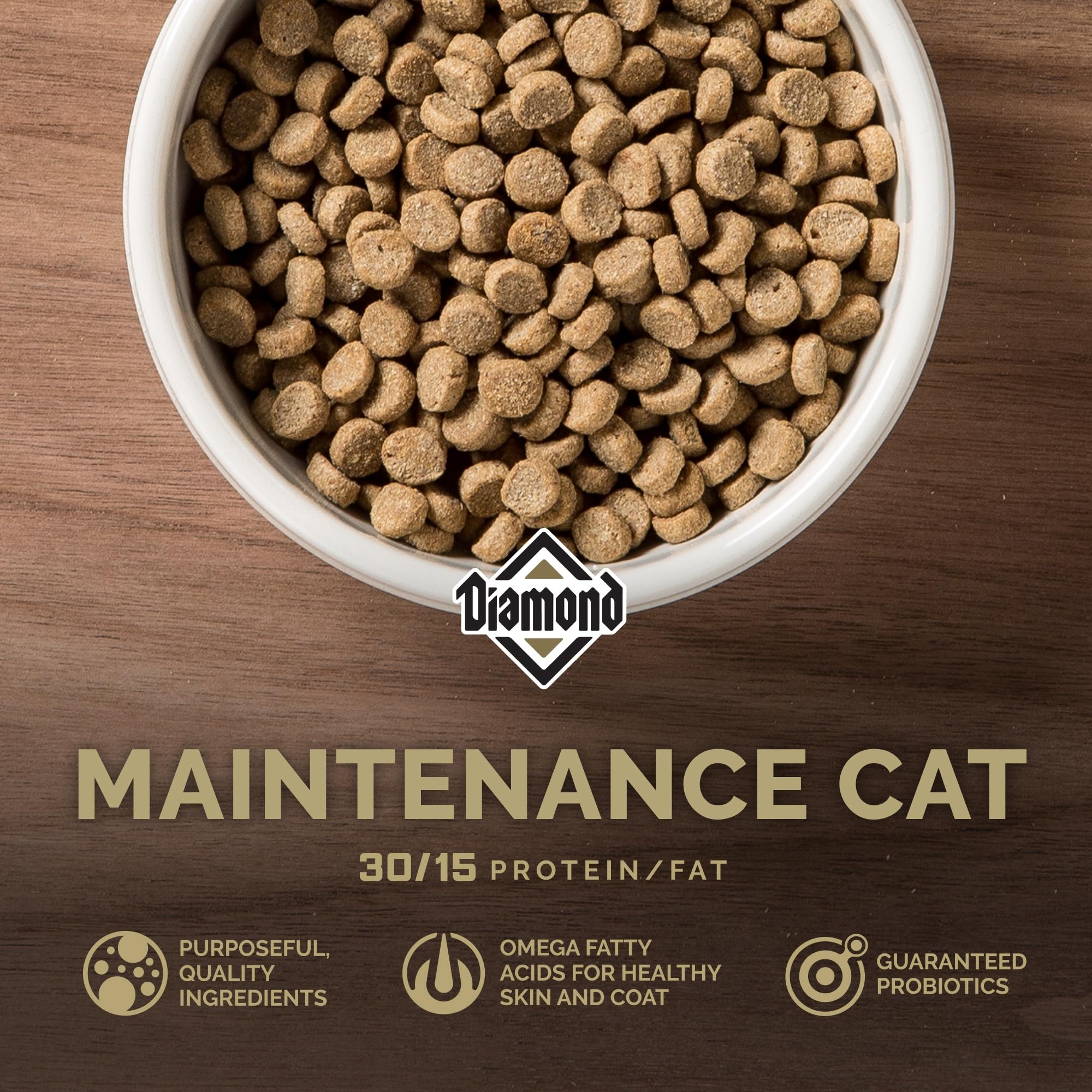 Diamond Legacy maintenance cat dry food kibble closeup—protein-rich bites for lean muscles