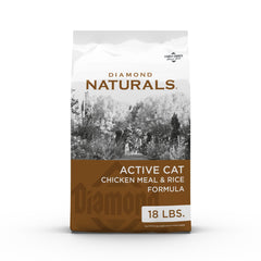 Diamond Naturals Active Cat bag open, premium cage-free chicken protein.