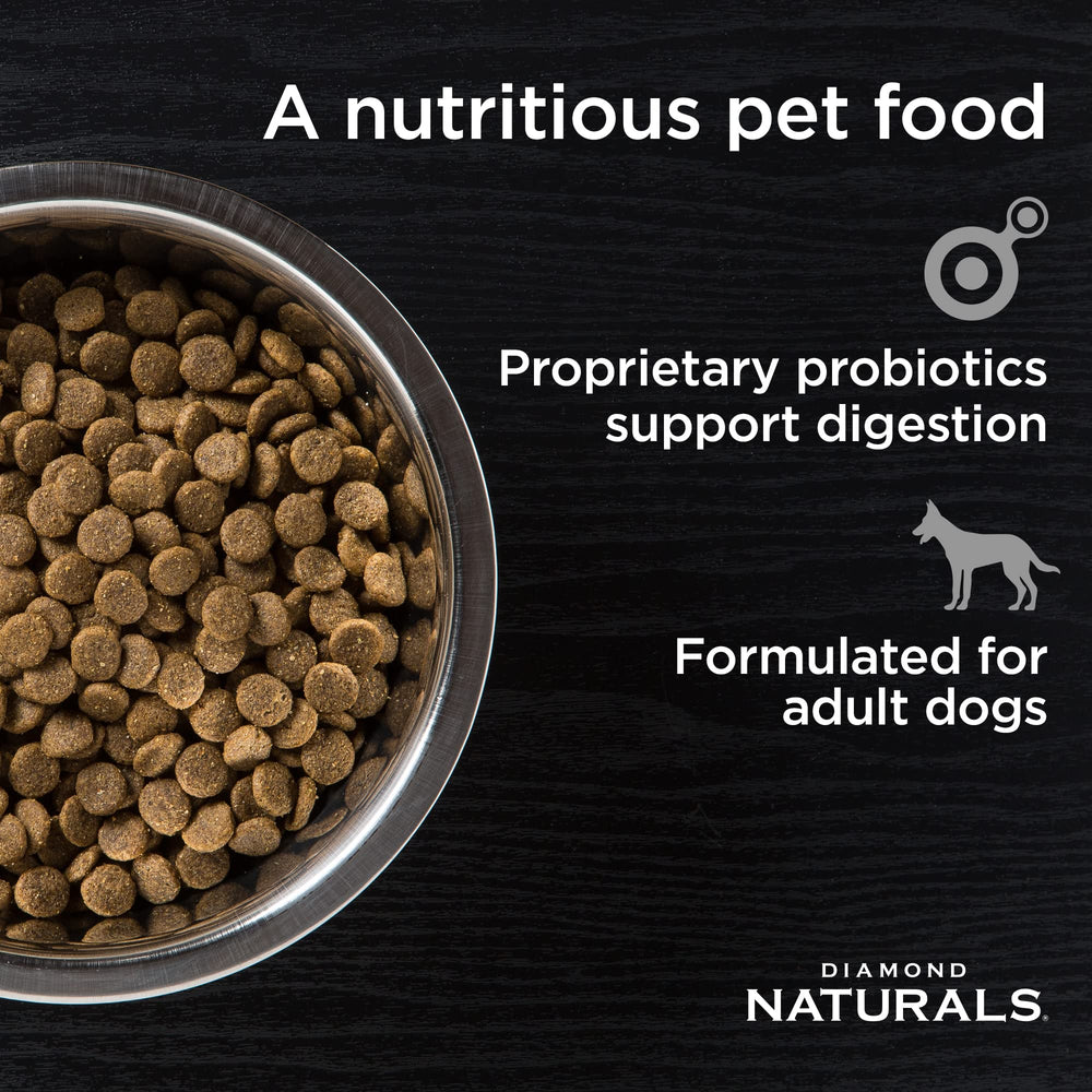 Diamond Naturals adult dog food bowl image highlighting omega fatty acids for healthy skin and coat