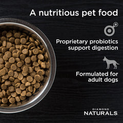 Diamond Naturals adult dog food bowl image highlighting omega fatty acids for healthy skin and coat
