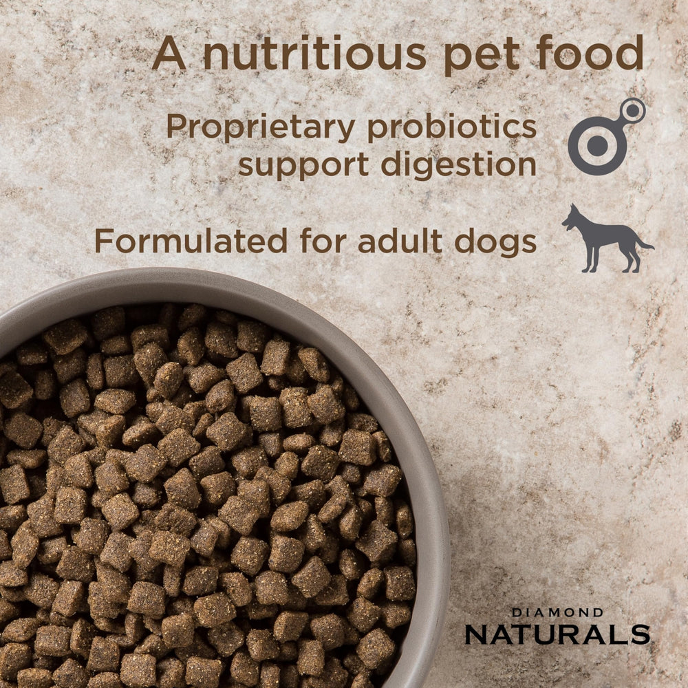 Diamond Naturals lamb kibble in bowl supporting active days and digestion.