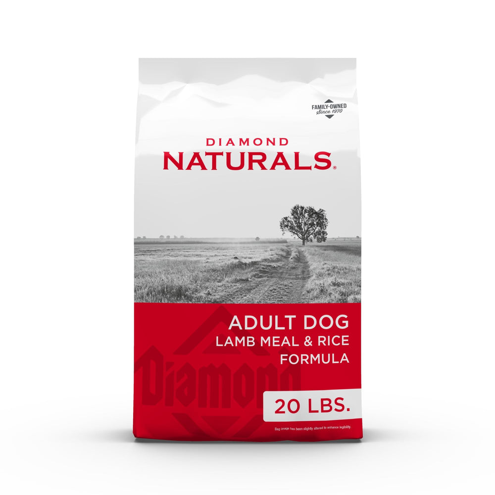 Diamond Naturals adult dog food bag with lamb meal and rice highlighting balanced nutrition