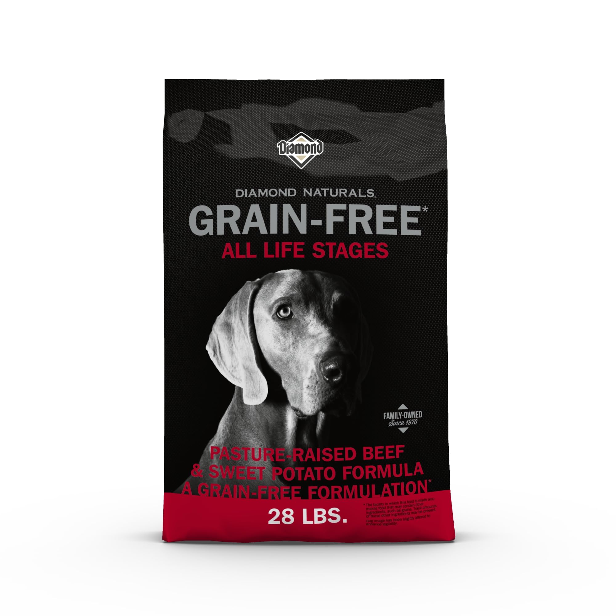 Diamond Naturals grain-free beef dog food bag front highlighting real pasture-raised beef as first ingredient.