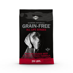 Diamond Naturals grain-free beef dog food bag front highlighting real pasture-raised beef as first ingredient.