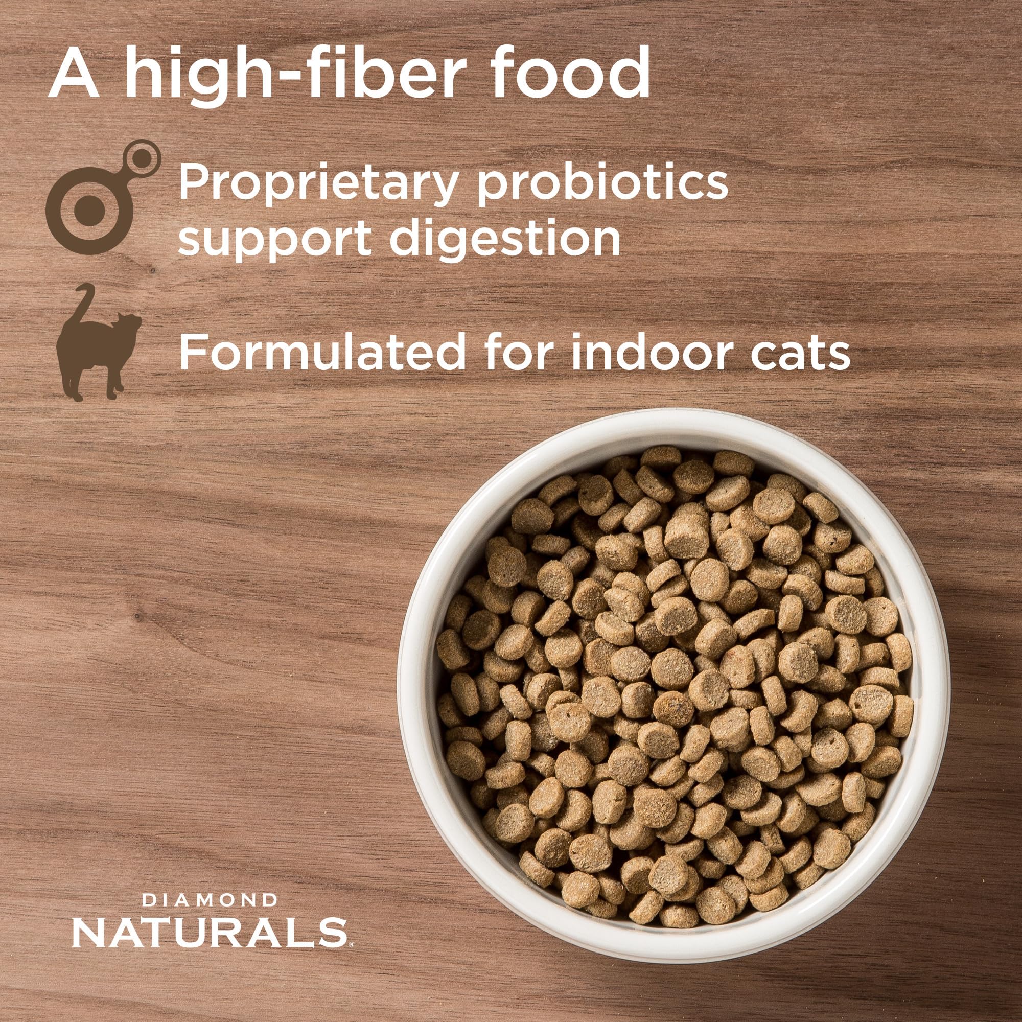 Diamond Naturals indoor-cat kibble close-up highlighting cage-free chicken protein.