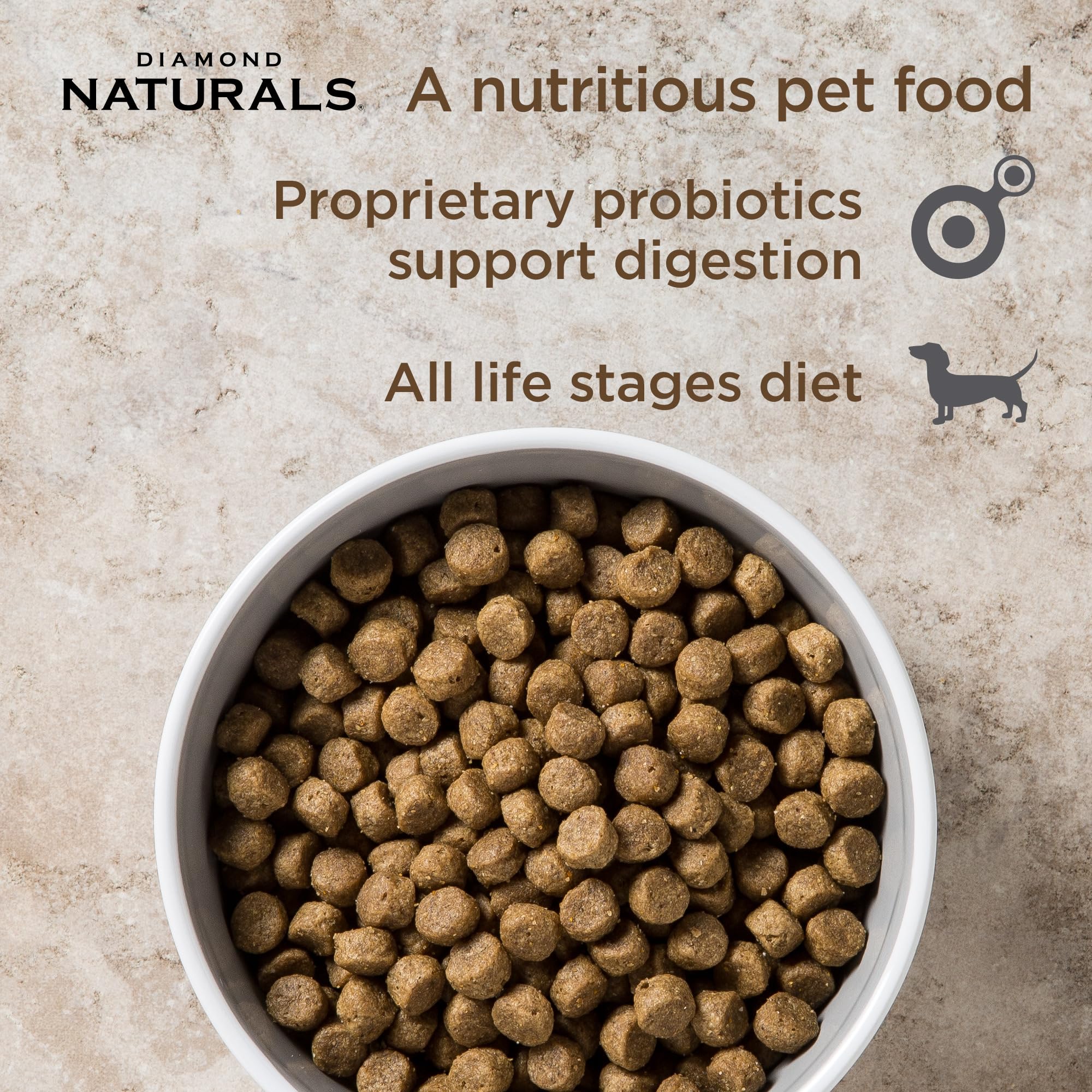Diamond Naturals kibble in a bowl highlights protein and energy for active dogs