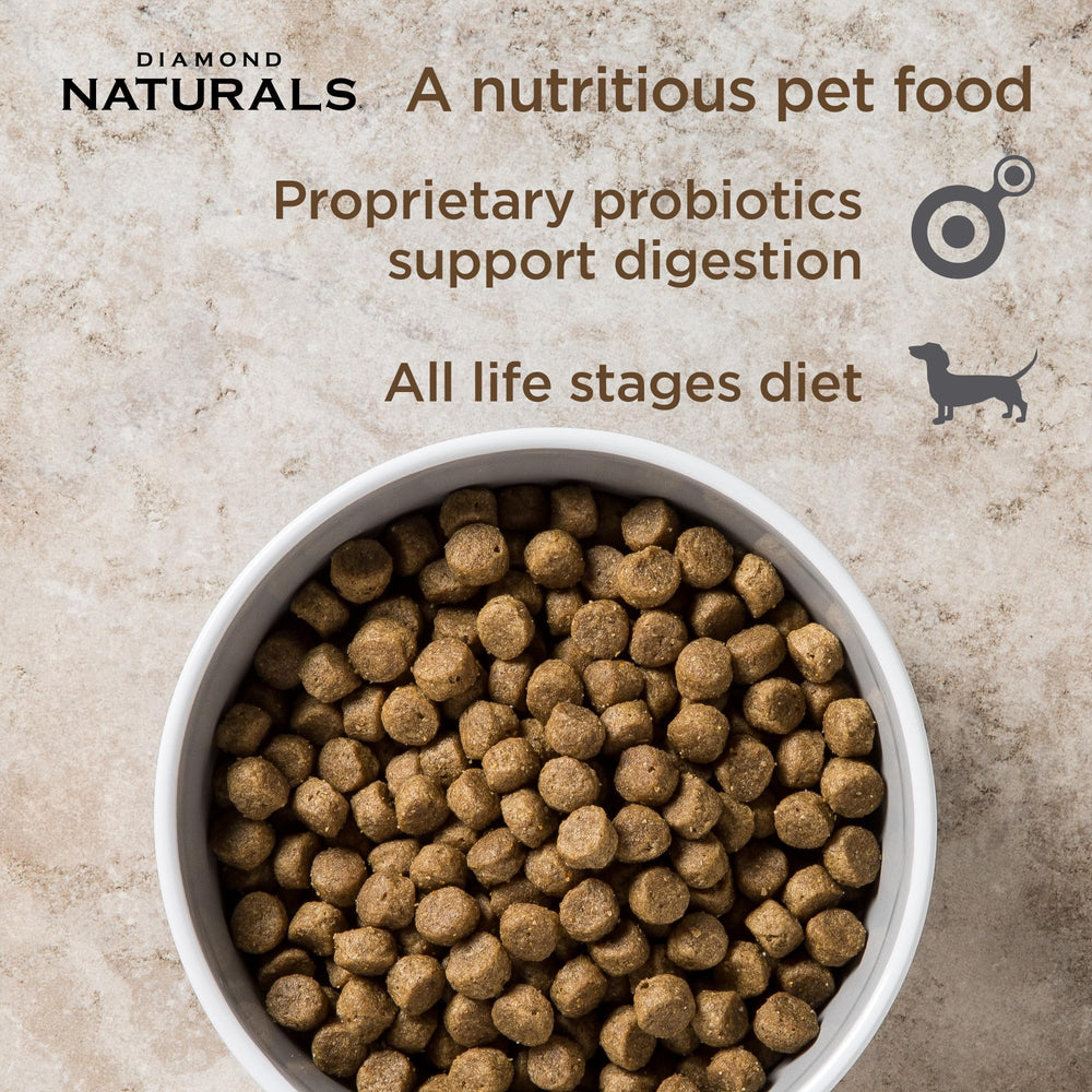 Diamond Naturals kibble in a bowl highlights protein and energy for active dogs