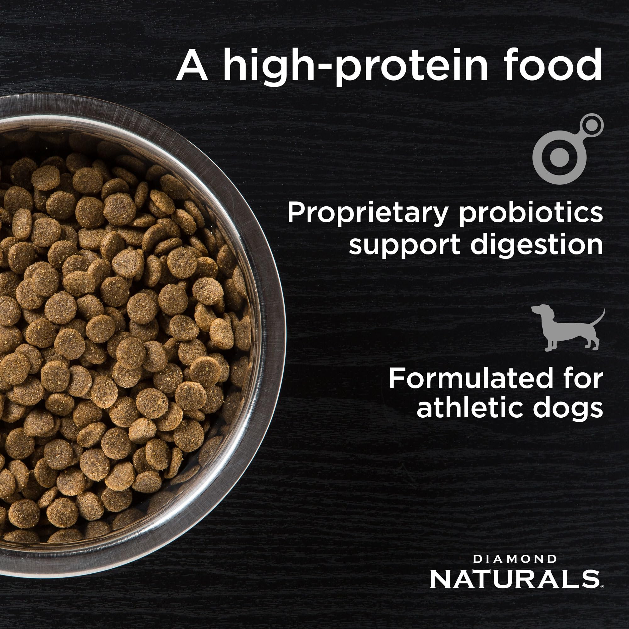 Diamond Naturals Extreme Athlete ingredients with chicken in a serving bowl for athletic dogs.