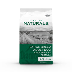 Diamond Naturals large breed dog food bag featuring real cage-free chicken as the #1 ingredient for adult dogs.
