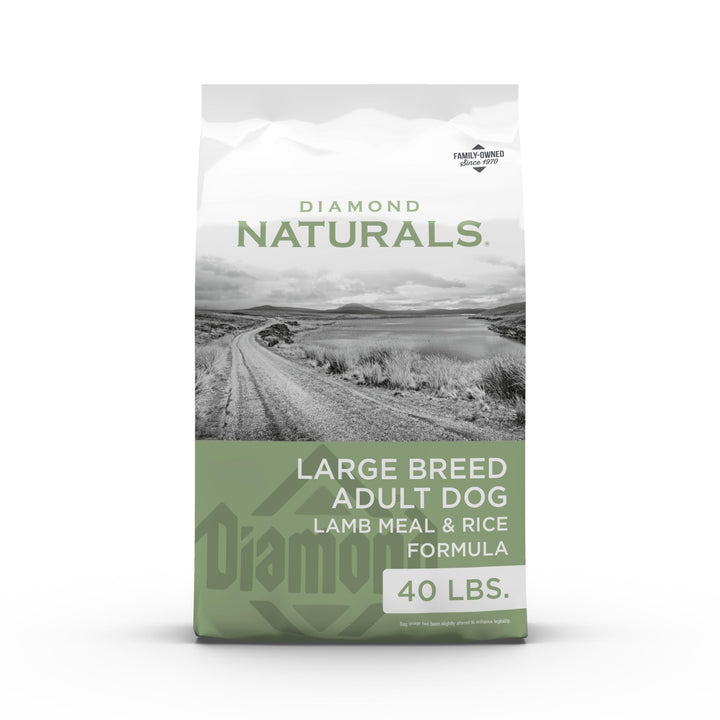 Diamond Naturals large-breed kibble with lamb meal and rice supports energy and joints.