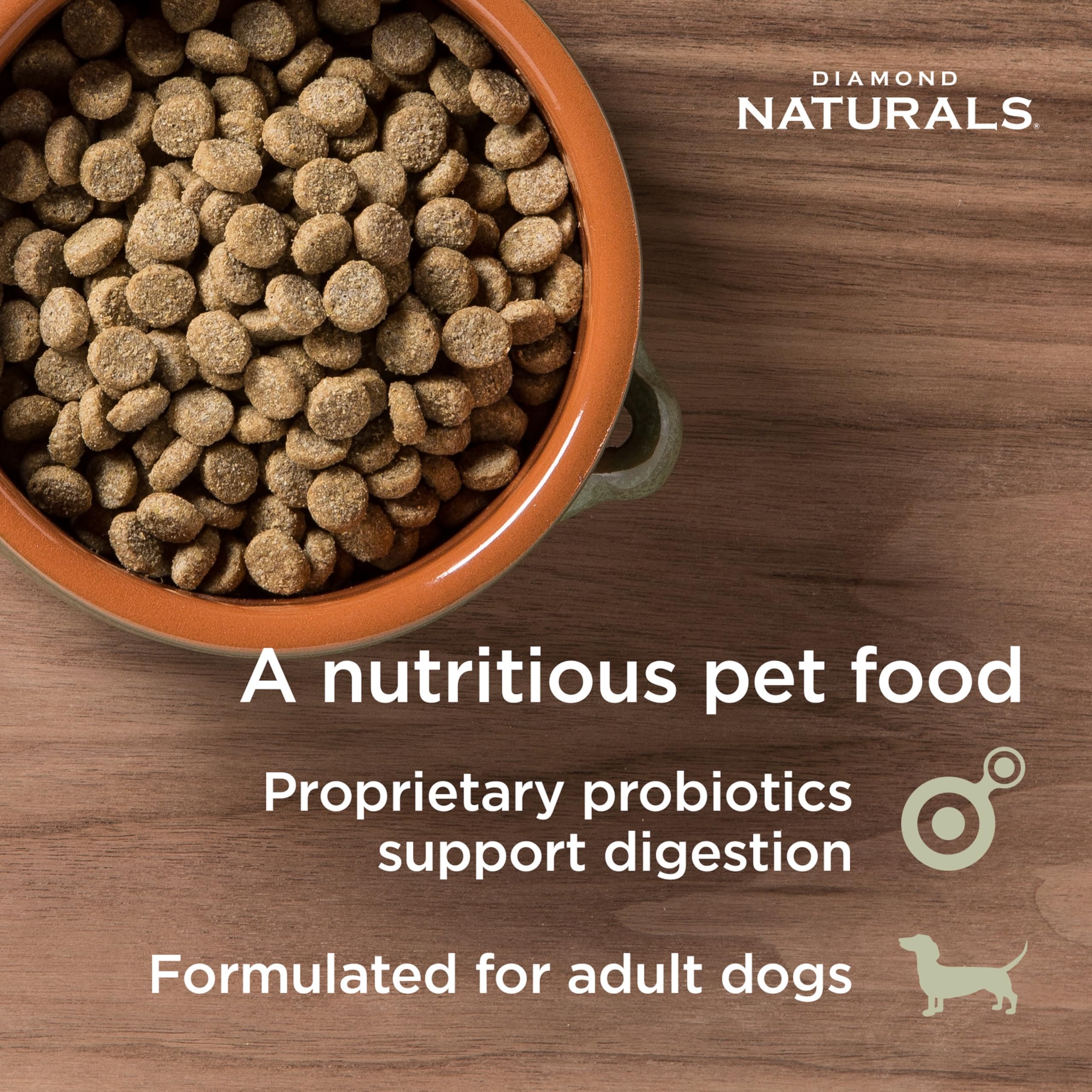 Diamond Naturals Light kibble close-up highlights quality ingredients for digestion and coat health.