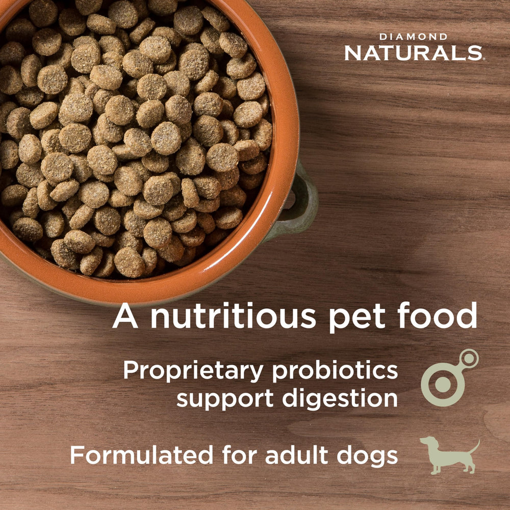 Diamond Naturals Light kibble close-up highlights quality ingredients for digestion and coat health.