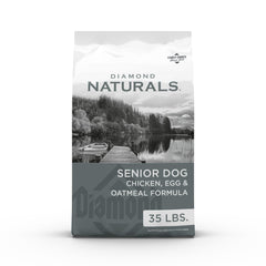 Diamond Naturals Senior bag front view highlights real cage-free chicken as the first ingredient.