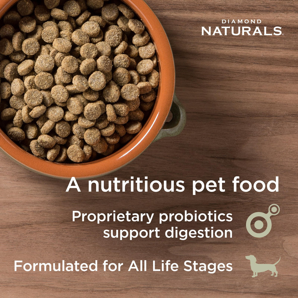 Diamond Naturals Skin & Coat salmon potato bag packaging emphasizes the all-life-stages recipe.