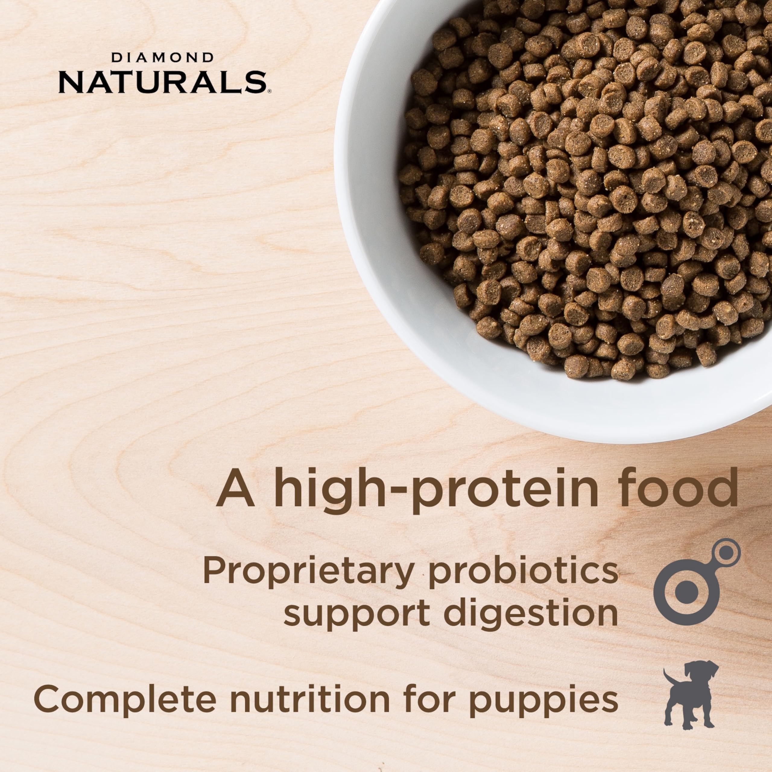 Diamond Naturals small-breed dry food bowl highlights real cage-free chicken as main ingredient
